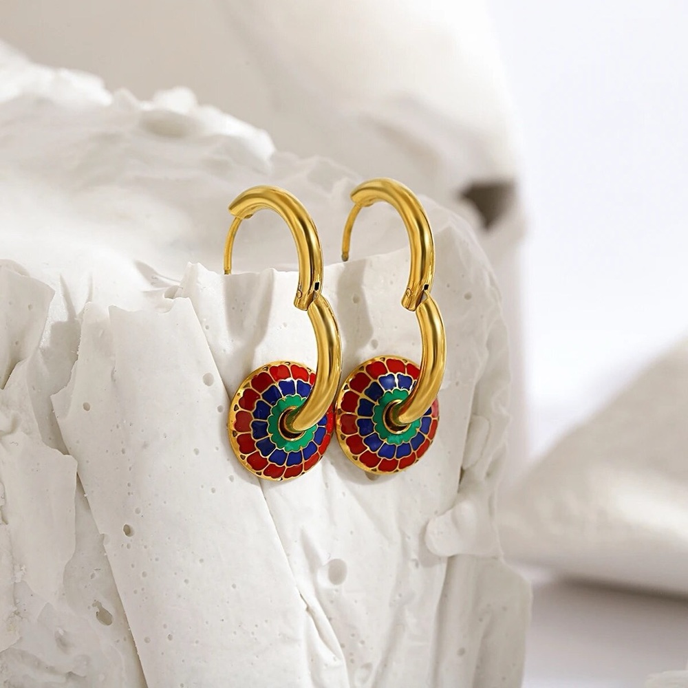 New Gold Bohemian Enamel Colored Disc Chunky Necklace & Huggie Hoop Earrings - Picture 6 of 10